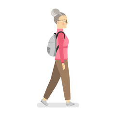 A grandmother in a pink sports sweater and brown pants comes with a gray backpack on her back. Flat vector illustration.