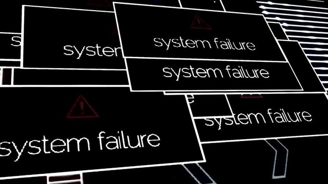 Close up for computer system crash and signal glitch on black background, monochrome. Animation. Computer screen with failure system messages.