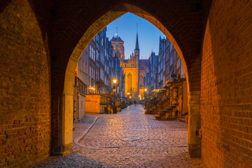 Amazing architecture of the Mariacka street in the old town in Gdansk at night, Poland.