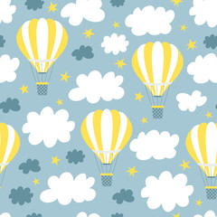 Hot air balloon with clouds and stars. Vintage child illustration. Cute print and wallpaper vector design.