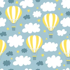Papier Peint photo Lavable Montgolfière Hot air balloon with clouds and stars. Vintage child illustration. Cute print and wallpaper vector design.