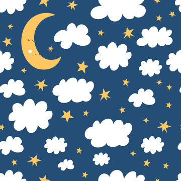Good night seamless pattern. Half moon, clouds and star background. Vector illustration for baby design.