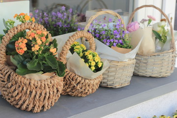 Fototapeta na wymiar Baskets with spring flowers