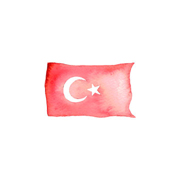 Watercolor illustration of a red turkey flag drawn by hand