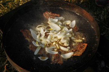 Onion on a frying pan with meat