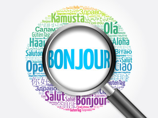 Bonjour (Hello Greeting in French) word cloud in different languages of the world with magnifying glass, background concept 3D illustration © dizain