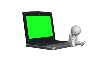 3D People sitting on the notebook with green screen and think - isolated on white background