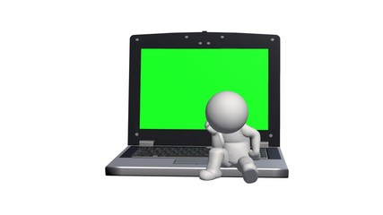 3D People sitting on the notebook with green screen and think - isolated on white background