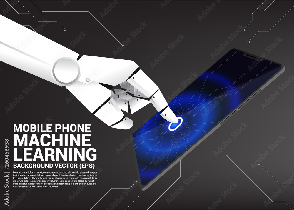 Poster robot hand touch on screen of mobile phone. business concept for machine learning phone , a.i artifi