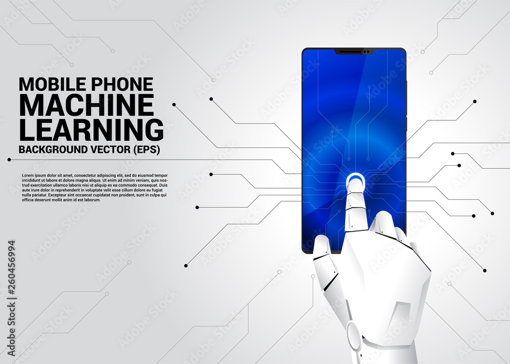 Poster Robot hand touch on screen of mobile phone. Business concept for machine learning phone , a.i artificial intelligence technology.