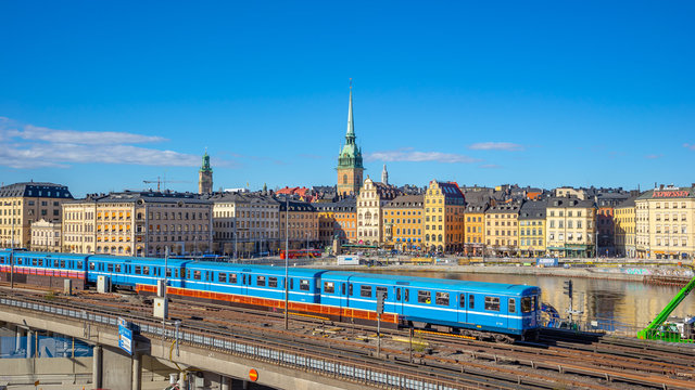 Stockholm cityscape with a train in Stockholm city, Sweden