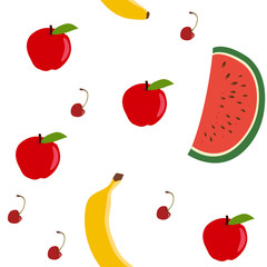  Seamless pattern - apple, watermelon, banana, cherry. Vector graphics.