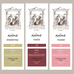 set of vector labels for wine with winemaking ink pen vintage drawing. Red merlot, white and pink wine sorts and grapes