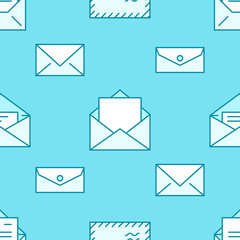 Seamless pattern with envelopes flat line icons. Mail background, message, open envelope with letter, email vector illustrations. Blue white thin signs for mailing list, post office