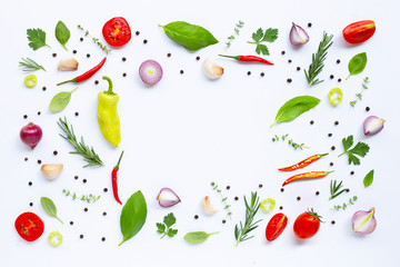Various fresh vegetables and herbs on white background. Healthy eating concept