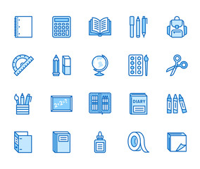 School supplies flat line icons set. Study tools - globe, calculator, book, pencil, scissors, ruler, notebook vector illustration. Thin signs for stationery sale. Pixel perfect 64x64. Editable Stroke