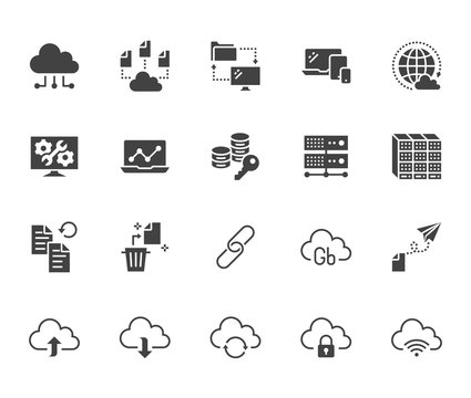 Cloud data storage flat glyph icons set. Database, information storage, server center, global network, backup, download vector illustrations. Technology signs. Solid silhouette pixel perfect 64x64