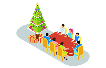 isometric illustration Christmas celebration with family, vector illustration - Vector
