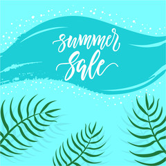 Summer SALE illustration with brush painted wave as a copy space, modern calligraphy and palm leaves.