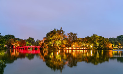 The Huc Bridge and the Temple of the Jade Mountain on Hoan Kiem Lake in Hanoi, Vietnam