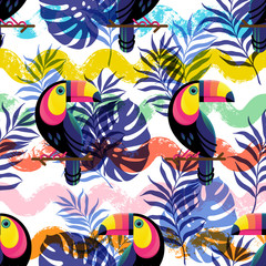 Vector botanical seamless pattern with Toucan and waves