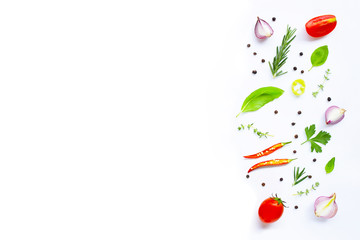 Various fresh vegetables and herbs on white background. Healthy eating concept