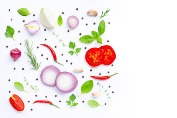 Various fresh vegetables and herbs on white background. Healthy eating concept