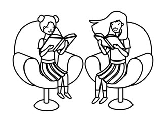 women sitting in sofa with book avatar character