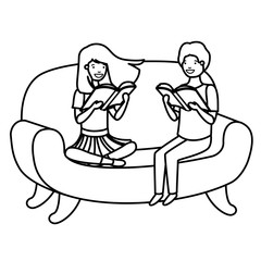 couple of children sitting in sofa with book avatar character