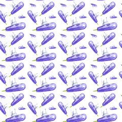 Vegetable eggplant in the form of a submarine. Comic watercolor illustration isolated on white background.Seamless pattern