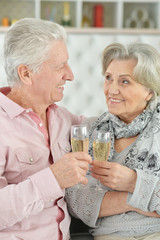 Close up portrait of mature couple drinking champagne at home