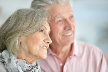 Close up portrait of happy beautiful senior couple posing at home