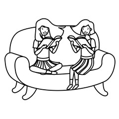 women sitting in sofa with book avatar character