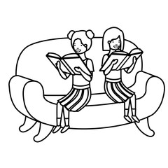 women sitting in sofa with book avatar character