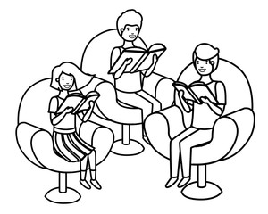 group of people sitting in sofa with book avatar character