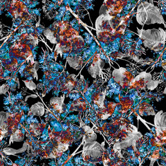 Seamless watercolor vintage pattern - branch of a linden, splash of abstract paint, fashionable art background, shawl. A branch of lavender, wildflowers, linden flowers,leaves.Abstract art background