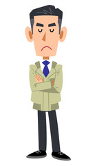 腕組みして目を閉じる工務店の男性