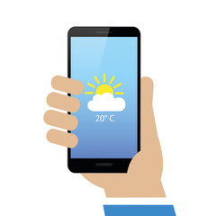 hand holds smartphone with weather report on display isolated on white background vector illustration EPS10