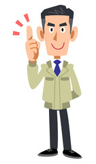 人差し指をたてる工務店の男性