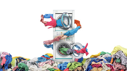 Clothes fly out of a washing machine into a tumble dryer