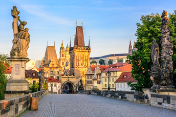 Fototapeta na wymiar Main landmarks of Prague: Prague Charles Bridge, Prague castel, Lesser Town Bridge Towers