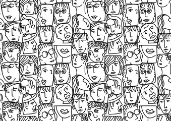 People abstract faces avatars characters black and white seamless pattern
