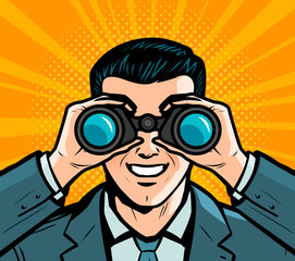 Businessman looking through binoculars. Pop art retro comic style. Cartoon vector illustration