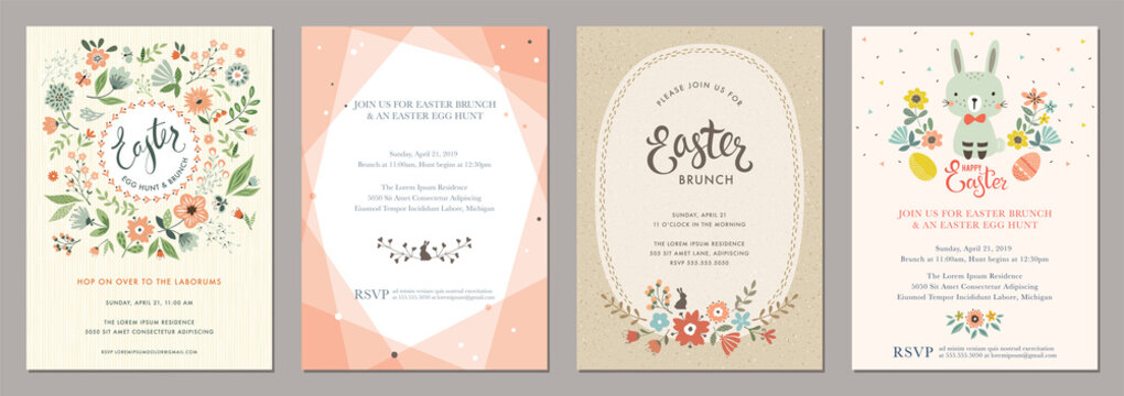 Happy Easter templates with eggs, flowers, floral wreath and branches, rabbit and typographic design. 