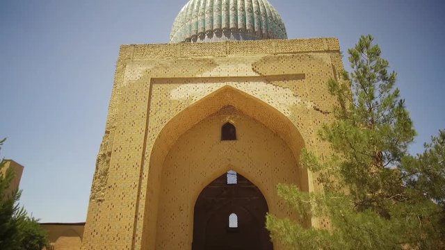 Color image with a madrasa entrance in Samarkand, Uzbekistan.