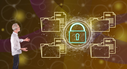 A data security concept explained by a businessman on a wall screen