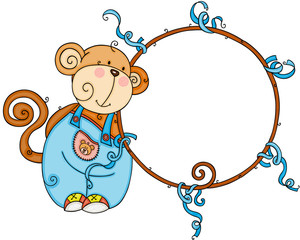 Cute monkey with decorative round frame