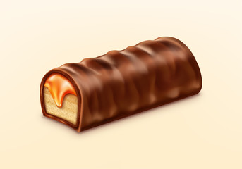 Sweet chocolate bar with caramel fillings. Realistic vector illustration