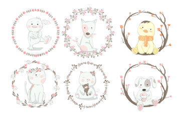 Cute Baby Animal With Flower Border Cartoon Hand Drawn Style For Printing Card T Shirt Banner Product Vector Illustration Wall Mural Artdee2554 Cute Baby Animal With Flower Border Cartoon Hand Drawn Style For Printing Card T Shirt Banner Product Vector Illustration Wall Mural Artdee2554