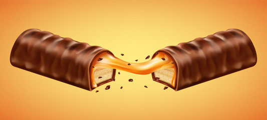 Cracked chocolate bar with caramel. Realistic vector illustration